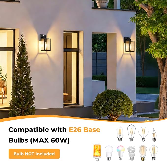 FOLKSMATE 2 Pack Dusk to Dawn Outdoor Wall Light Fixtures, Exterior Porch Light, Waterproof Wall Sconces Lanterns, Sensor Lighting Wall Mount for House Doorway Garage, Black