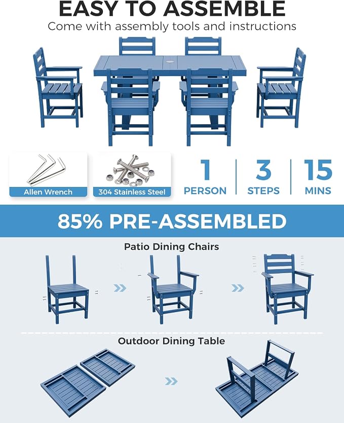 K Knowbody 7-Piece Outdoor Patio Dining Table and Chairs Set, Seats 6 | Steel-Reinforced HDPE, 100 lb/sq ft Load Capacity, 2-Inch Umbrella-Ready Tables, All-Weather, Fade-Resistant, Navy Blue