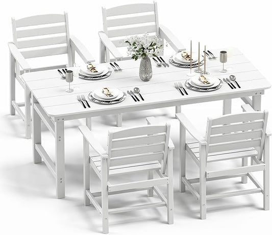 FOOWIN Outdoor Table and Chairs Set 5-Piece HDPE All Weather Patio Dining Set with Umbrella Hole,Outdoor Patio Furniture Dining Set for 4,Patio Kitchen Table Set for Garden,Backyard,Poolside, White
