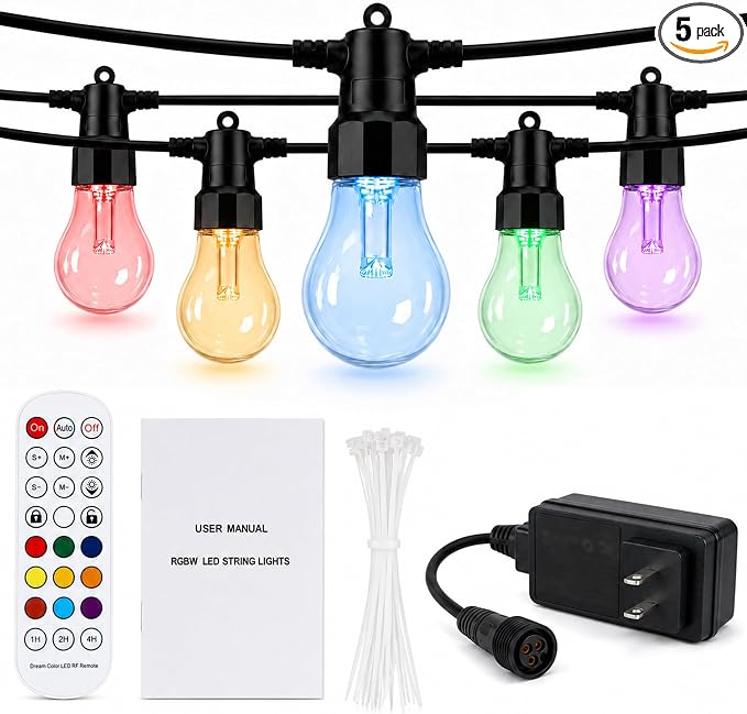 Outdoor String Lights 27FT, Smart RGBW IC Color Changing Patio Lights with 10 Dimmable LED Bulbs, App & RF Remote, IP65 Waterproof Shatterproof