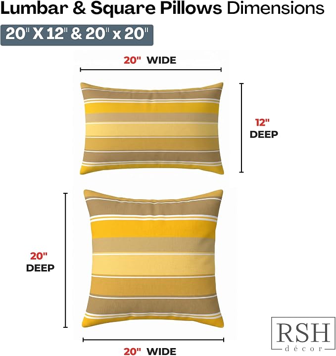 RSH DECOR: Sunbrella Lumbar & Square Pillows Set of 4 | 20" x 12" & 20" x 20" | Water & Fade-Resistant Performance Fabric | Outdoor Throw Pillows for Patio Furniture | Made in USA (Martinez Pineapple)