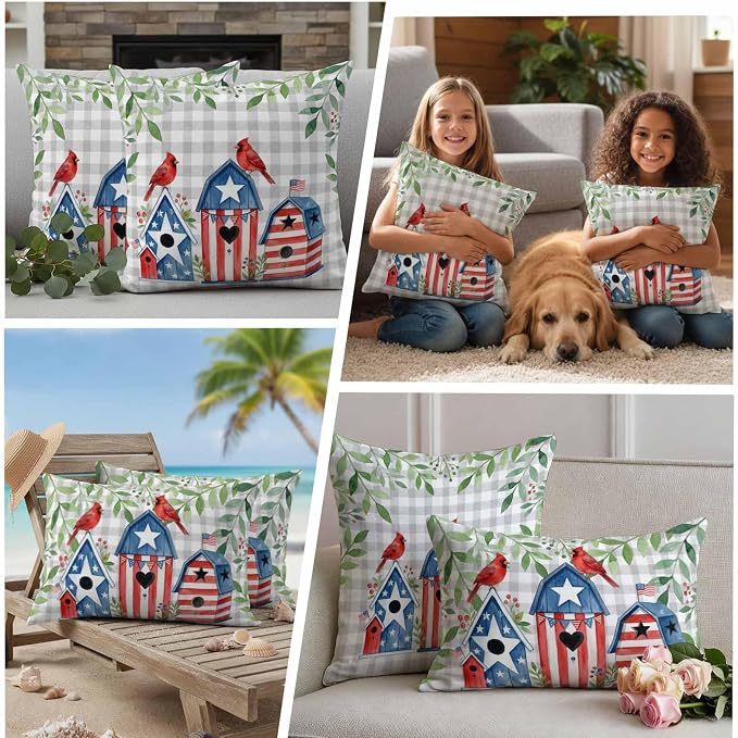 American Flag Bird House Outdoor Pillow Covers Waterproof, All Weather Cushion Case Set of 2, Green Eucalyptus Grey Plaid 250th Lumbar Pillowcase for Sofa Couch Bed Decor Patio Furniture 20"x12"