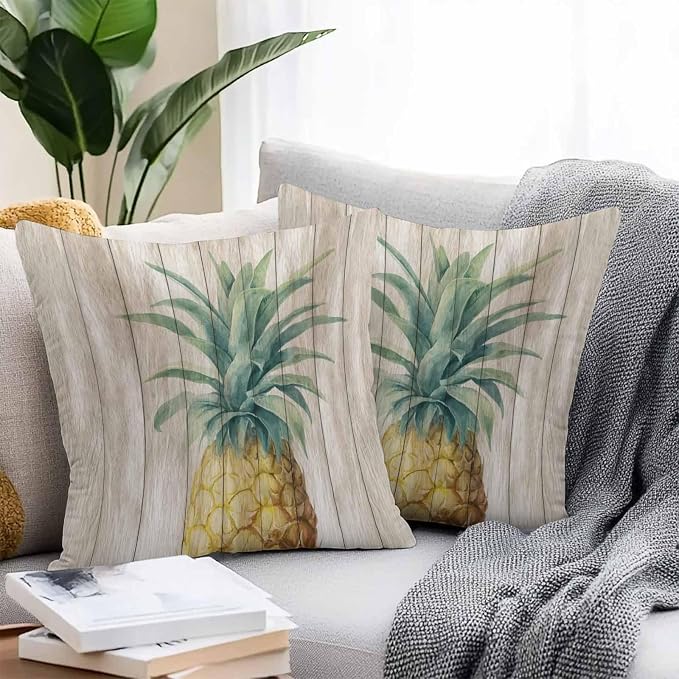 Vandarllin Outdoor Throw Pillows Covers 20x20 inch Set of 2 Waterproof Pineapple Decorative Zippered Cushion Covers for Patio Furniture, Summer Tropical Fruit Wood Lumbar Pillowcases