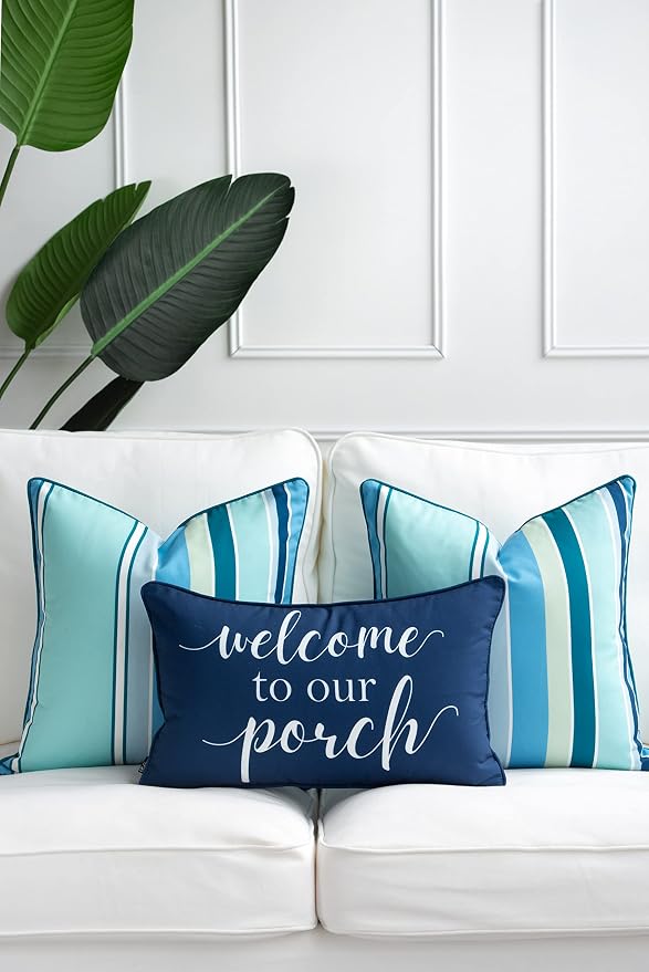 Hofdeco Premium Porch Patio Indoor Outdoor Lumbar Pillow Cover ONLY for Backyard, Couch, Sofa, Navy Blue Welcome to Our Porch, 12"x20"