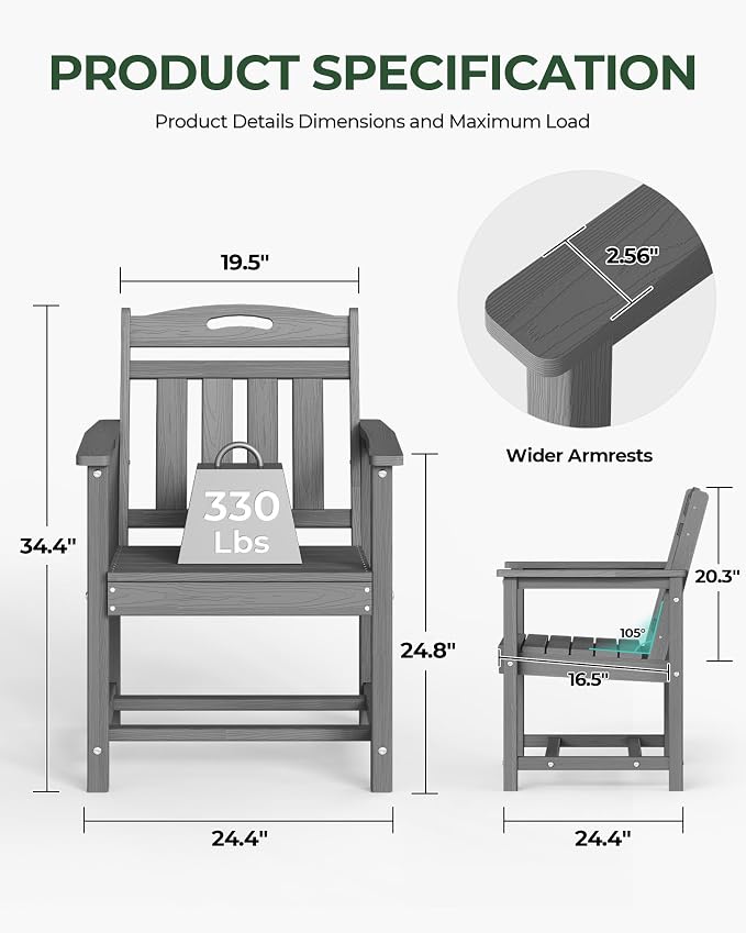 Patio Chairs Set of 2, HDPE Outdoor Dining Chairs with Wide Seat, All Weather Oversized Porch Chair for Garden, Backyard, Deck - Grey