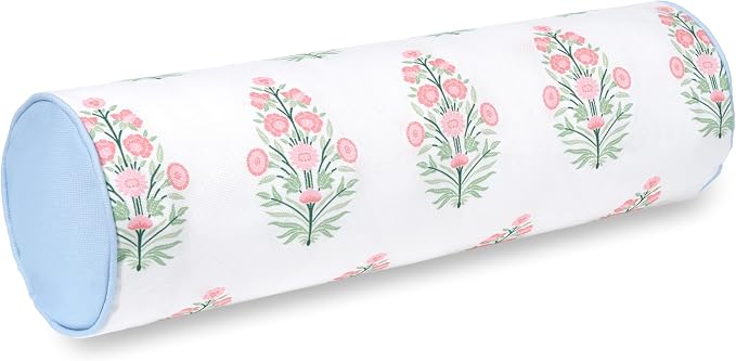 Hofdeco Premium Coastal Grandmillennial Patio Indoor Outdoor Bolster Pillow Cover Only, 6"x20" Water Repellent for Backyard, Couch, Poolside, Pink Green Print Flower