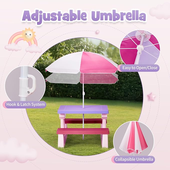Kids Table and Chair Set, Toddler Plastic Outdoor Table & Bench Set with Removable Umbrella, Children Picnic Table Fits 4 Children for Backyard Garden, Pink & Purple