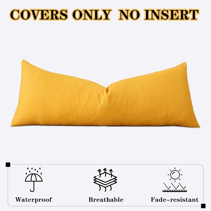 Kevin Textile Outdoor Waterproof 14”x36” Pillow Cover 1 Pack, Dark Yellow | Water Resistant, Soft Faux Linen-cotton Yarn-dyed Woven Texture Throw Pillow Covers for Tent Patio Garden Couch Sofa