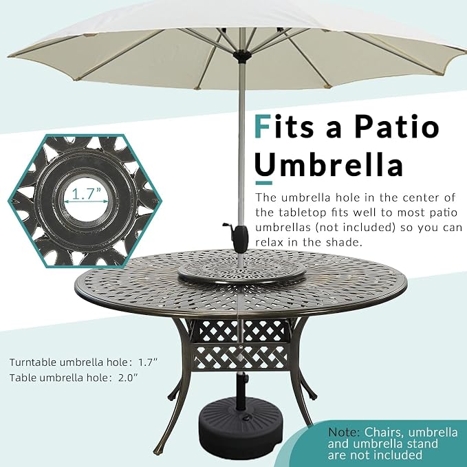 MEETWARM Outdoor 61" Large Patio Round Dining Table for 6-8 Person, All Weather Cast Aluminum Patio Dining Table with 24" Lazy Susan Turntable, Umbrella Hole for Balcony, Porch and Deck