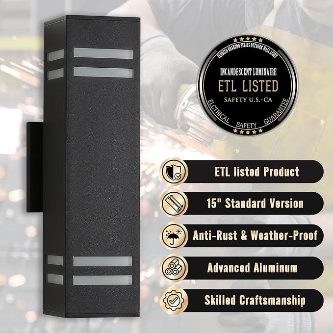 15" Black Modern Outdoor Wall Light with 3-Sided Frosted Glasses | E26 Base,UL listed,Aluminum Up and Down Lights Outdoor Exterior Wall Light Fixture Porch Light for House Garage Patio Garden