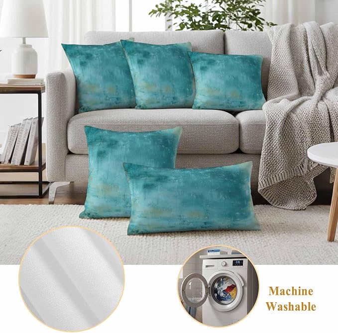 Teal Outdoor Waterproof Pillow Covers, Vintage Oil Painting Decorative Square Throw Pillowcase, Modern Abstract Art Sofa Cushion Sham for Patio/Couch/Chair, 26"x26" 2 Pack
