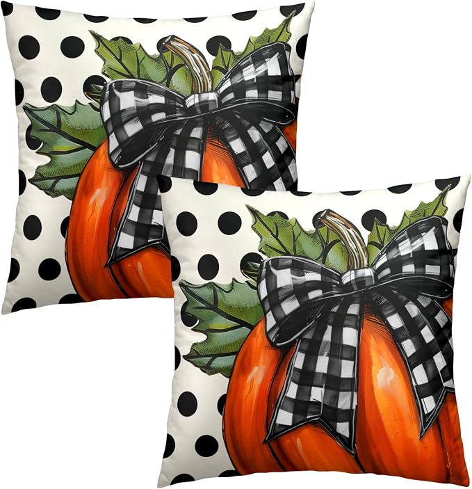 Fall Throw Pillow Covers 22x22 Inch, Set of 2 Buffalo Plaid Pumpkin Polka Dot Farmhouse Square Zipper Closure Pillowcases Cotton Cushion Cover for Living Room Bedroom Sofa Bed Bench Seasonal Decor