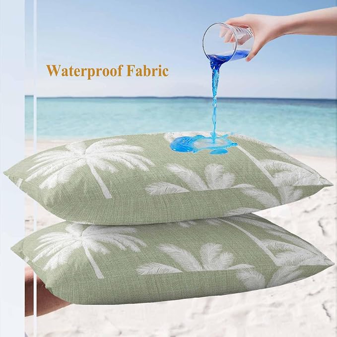 Lumbar Pillow Covers 20x12 Inch Set of 2, Sage Green Palm Trees Waterproof Outdoor Pillow Covers, Farmhouse Tropical Summer Beach Decorative Cushion Pillowcases for Couch, Sofa, Bed, Garden, Patio
