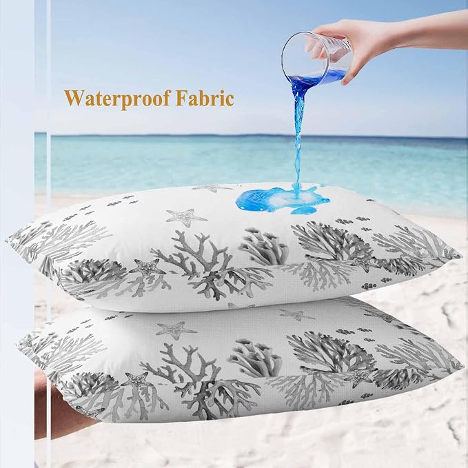 Summer Ocean Grey Coral Outdoor Waterproof Throw Pillow Covers Set of 2, 20"x12", Nautical Sea Watercolor Fish Starfish Decorative Pillow Covers Outside Cushion Case for Patio Porch Garden