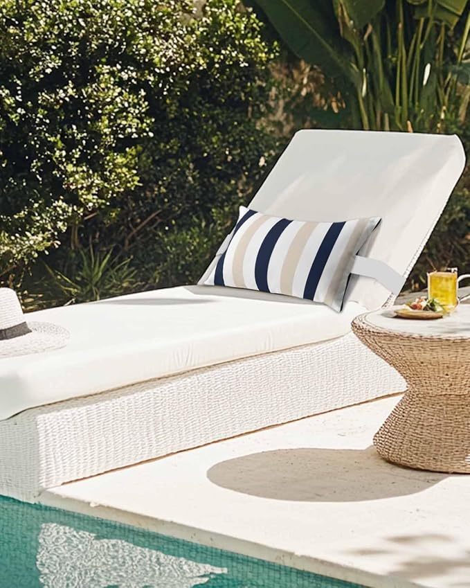 Pack of 4 Outdoor Lumbar Pillow Covers 11x16 Inch, Beige Navy Blue Striped Waterproof Throw Pillow Covers Set, Farmhouse Stripe Art Indoor&Outdoor Decorative Cushion Cases for Patio Porch Beach