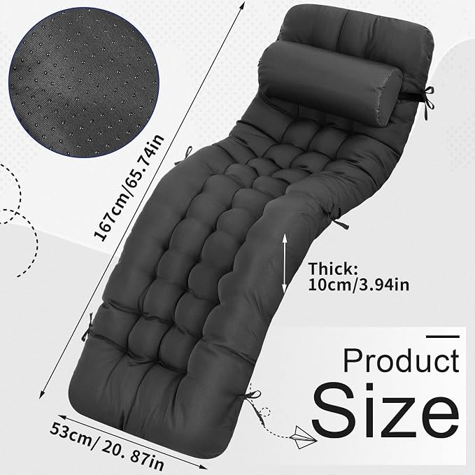 Tudomro Outdoor Chaise Lounge Cushion 66x21x4'' Waterproof & Fade-Resistant Patio Pool Chaise Lounge Cushion Headrest Pillow Tie Replacement Rocking High Back Chair(Charcoal Gray,1 Pcs)