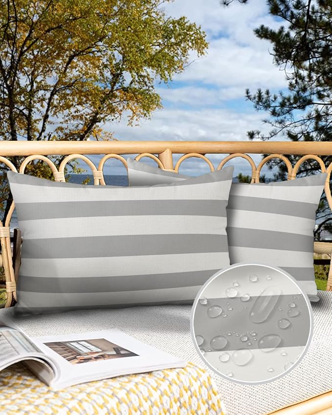 Outdoor Waterproof Throw Pillow Covers Set of 2 Grey White Stripe Lumbar Pillowcases 20x12 Inches Simple Style Striped Decorative Pillows Cushion Case Patio Pillows for Couch Bed Chair Garden