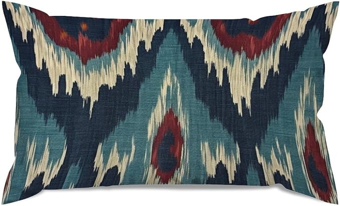 Zipped Pillow Cases for Home Decor Blue Green Red Cream Ikat Pattern Throw Pillow Cover Set of 2 Farmhouse Cushion Cover Cases for Living Room Club Home Decor 12x20in