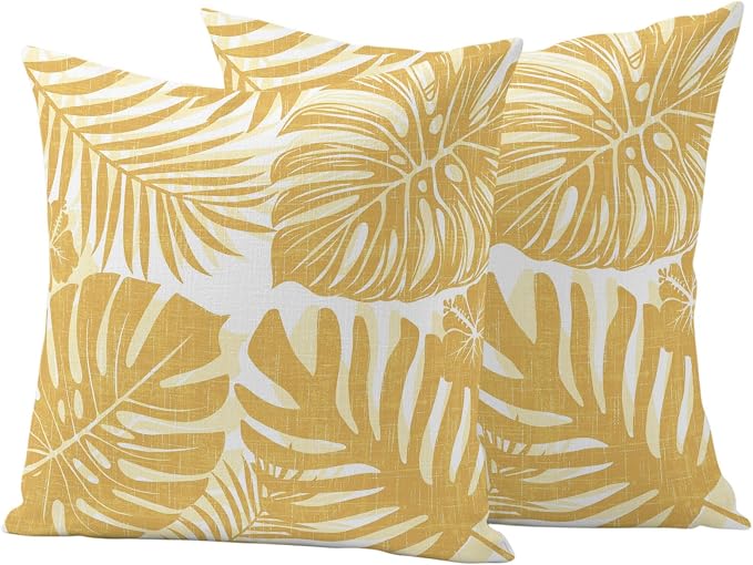 Yellow Palm Leaves Outdoor Pillow Covers 24"x24" Set of 2, Tropical Botanical Minimalist Modern Waterproof Throw Pillow Covers for Patio Furniture, Decorative Cushion Covers for Porch