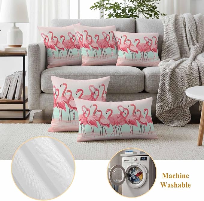 Outdoor Pillow Covers,Flamingo Bird on Gradient Background Decorative Throw Pillow Cover Waterproof Pillowcase Set of 2,Linen Cushion Case for Sofa Couch Bed 24x24 Inch,Tropical Pink Animals