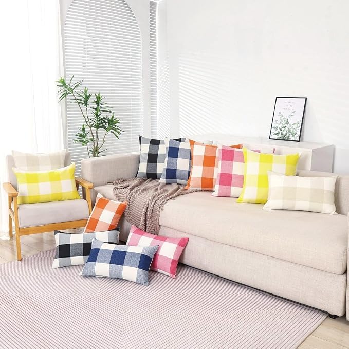 CARRIE HOME Beige Cream Buffalo Check Plaid Pillow Covers 18x18 Set of 2 Neutral Linen Throw Pillow Covers 18 x 18 Neutral Room Decor for Sofa and Couch