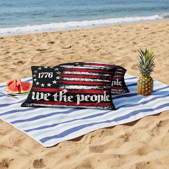 We The People Outdoor Pillow Covers 20"x12" Set of 2, Independence Day Distressed Red White Flag Waterproof Throw Pillow Covers for Patio Furniture, Decorative Cushion Covers for Porch