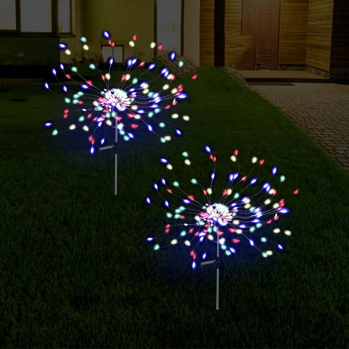 PXBNIUYA 2 Pack 175 LED Solar Firework Lights Outdoor, 4th of July 2 Modes Solar Garden Light Waterproof Twinkling Light, Starburst Lights for Landscape Path Halloween Christmas Decor （Colorful）