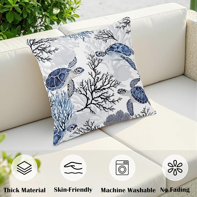 Sea Turtle Pillow Covers Nautical Coastal Throw Pillow Covers 18x18 Set of 2 Beach Ocean Themed Pillow Cases Blue Coral Branch Outdoor Cushion Cases for Living Room Bedroom Garden