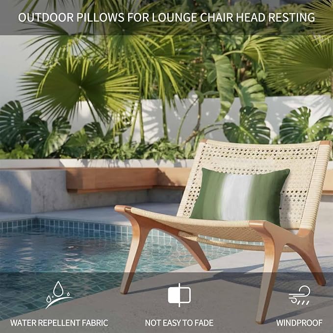 Outdoor Lumbar Pillow Set of 2, Dark Green Striped Waterproof Beach Headrest Pillow with Inserts, Green White Ombre Farmhouse Gradient Recliner Throw Pillows for Patio Furniture, 12 x 20