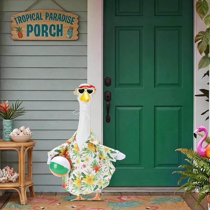 Hawaiian Beach Porch Goose Outfits for 23 Inch Statue | Summer Tropical Shirt with Swim Ball Costume for Cement Statue, Luau Sculpture Clothes for Swimming Pool Party Decoration