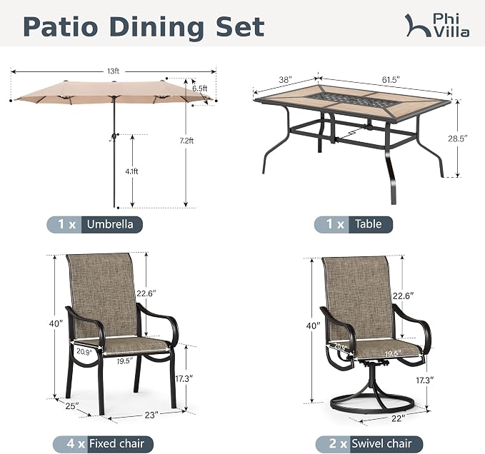 PHI VILLA 8 Pcs Outdoor Dining Set with 13ft Umbrella, Mesh Dining Chairs | 60'' wood-look rectangular table, 2 swivel & 4 fixed patio chairs and 13ft beige umbrella(NO BASE) for deck, garden, backyard
