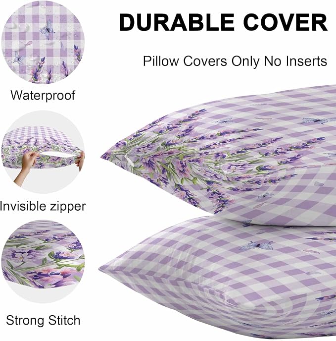 Vandarllin Outdoor Throw Pillows Covers 18x18 inch Set of 2 Waterproof Purple Lavender Flower Decorative Zippered Cushion Covers for Patio Furniture, Butterfly Buffalo Plaid Lumbar Pillowcases