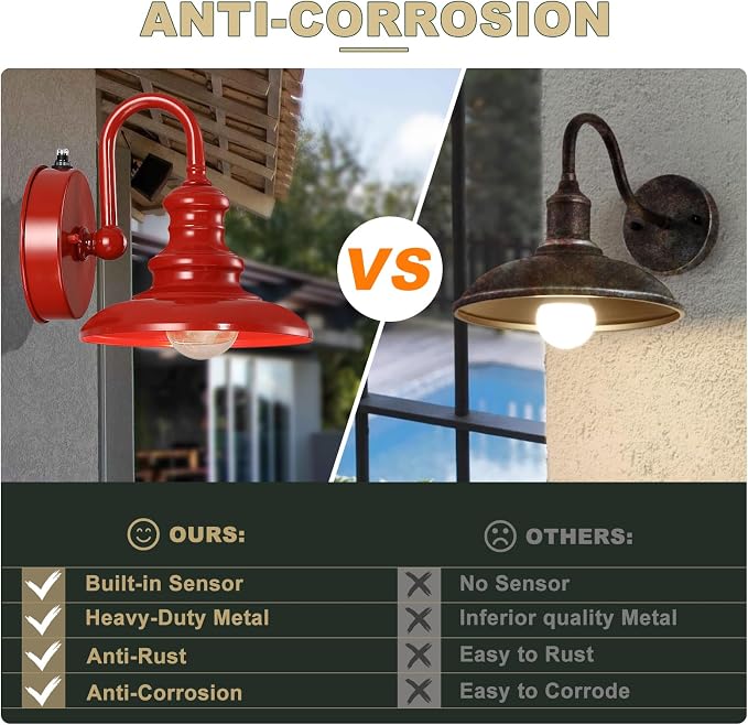 Dusk to Dawn Sensor Outdoor Gooseneck Barn Light Fixture Red | Exterior Wall Sconce Lighting Rustic Outside Porch Lantern Farmhouse Wall Mount Lamp for House Garage Patio