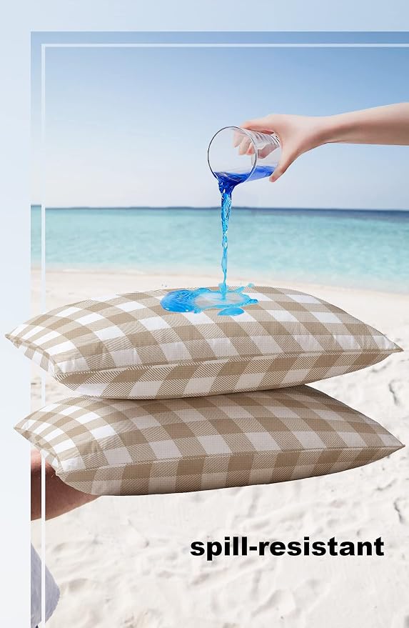 Outdoor Waterproof Throw Pillow Covers Set of 2 Khaki Buffalo Check Plaid Lumbar Pillowcases 20x12 Inches Farmhouse Style Patio Decorative Pillows Cushion Case Patio Pillows for Couch Bed Chair Garden