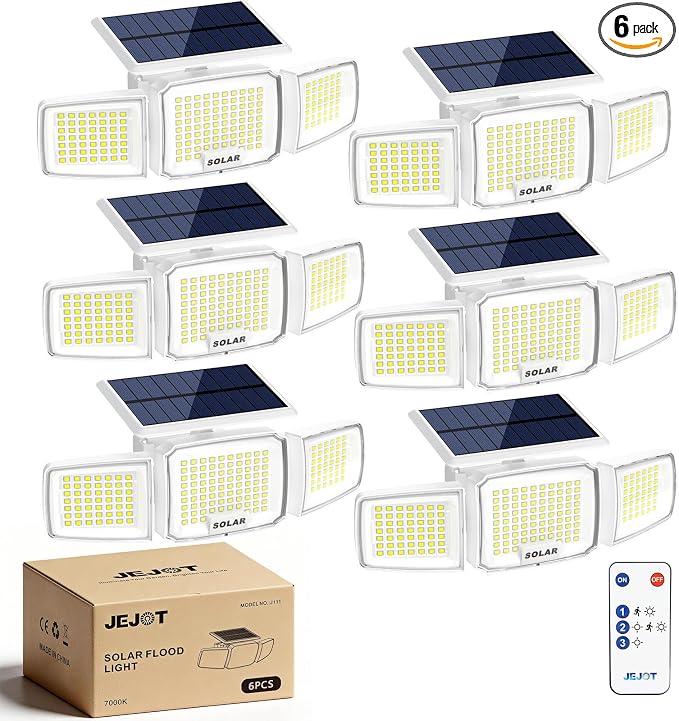 JEJOT White Solar Security Light Outdoor Super Bright LED, Motion Sensor Flood Light, 3 Heads 270° Wide Angle, Remote Control, IP65 Waterproof, 3 Modes (6 Packs)
