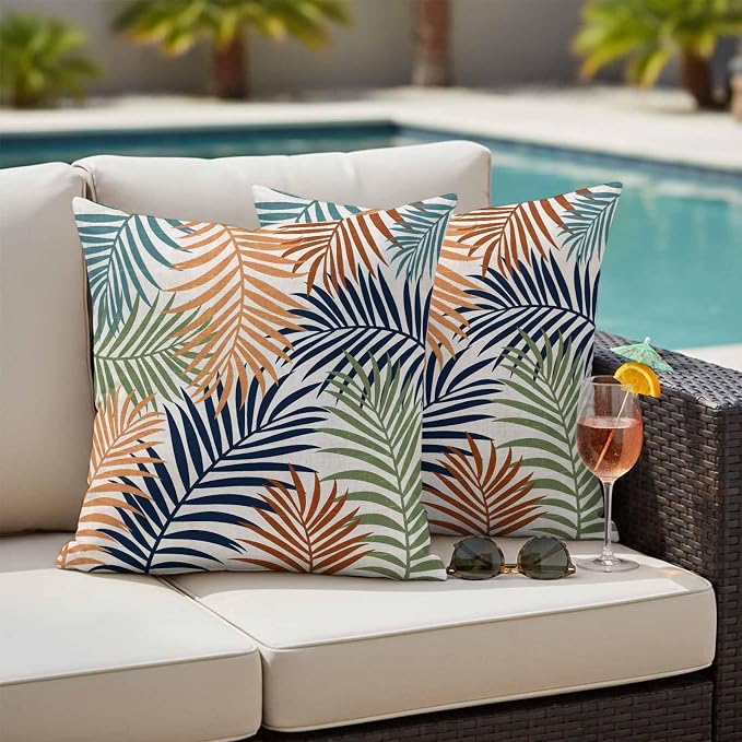 Outdoor Waterproof Throw Pillow Covers, Colorful Palm Leaves Decorative Pillow Cases, Summer Botanical Tropical Leaf Couch Pillow Protector Patio Sofa Cushion Covers Replacement 18"x18" 2 Pack