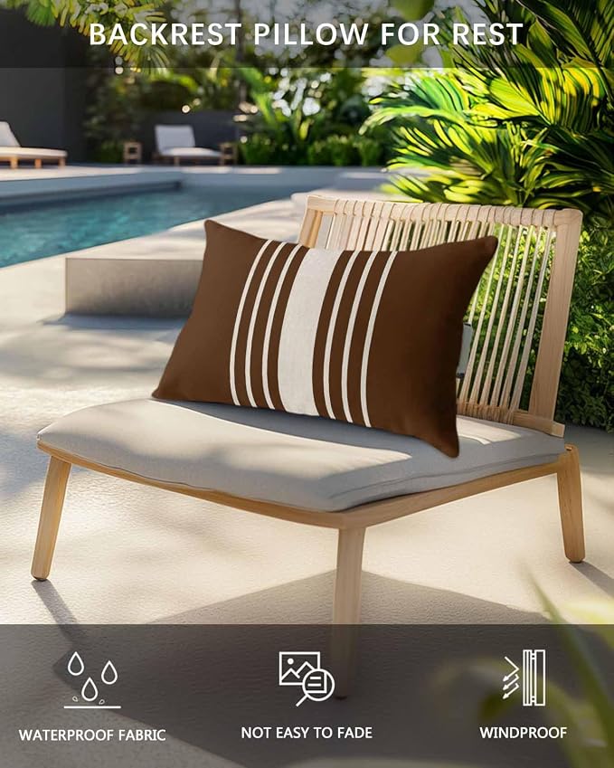 Pack of 2 Outdoor Lumbar Pillow Covers 11x16 Inch, Brown Beige Striped Waterproof Throw Pillow Covers Set, Modern Farmhouse Retro Lines Indoor&Outdoor Decorative Cushion Cases for Patio Porch Beach