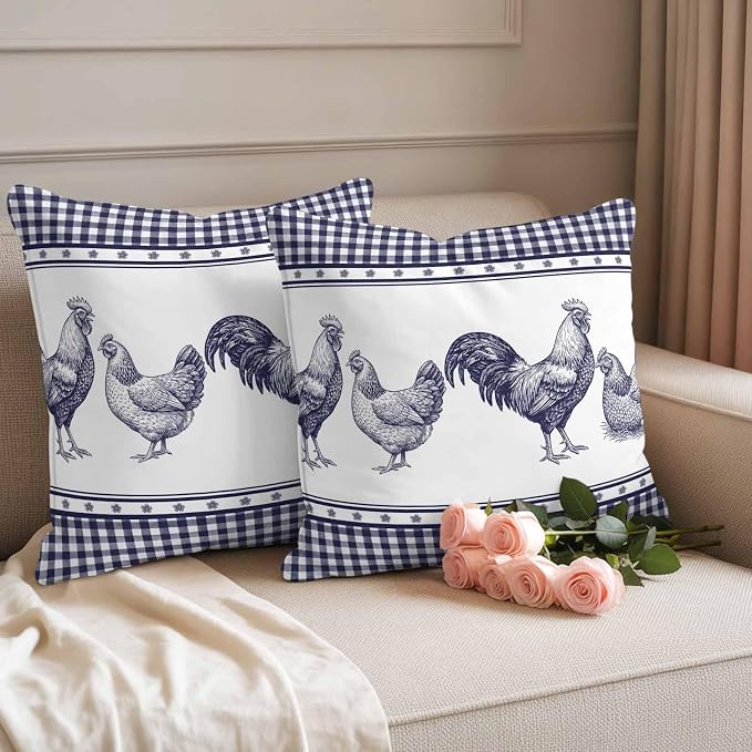 Navy Blue Rooster Outdoor Pillow Covers Waterproof, All Weather Cushion Case Set of 2, Vintage Farmhouse Blue Plaid Decorative Pillowcases for Sofa Couch Bed Decor Patio Furniture 20"x20"