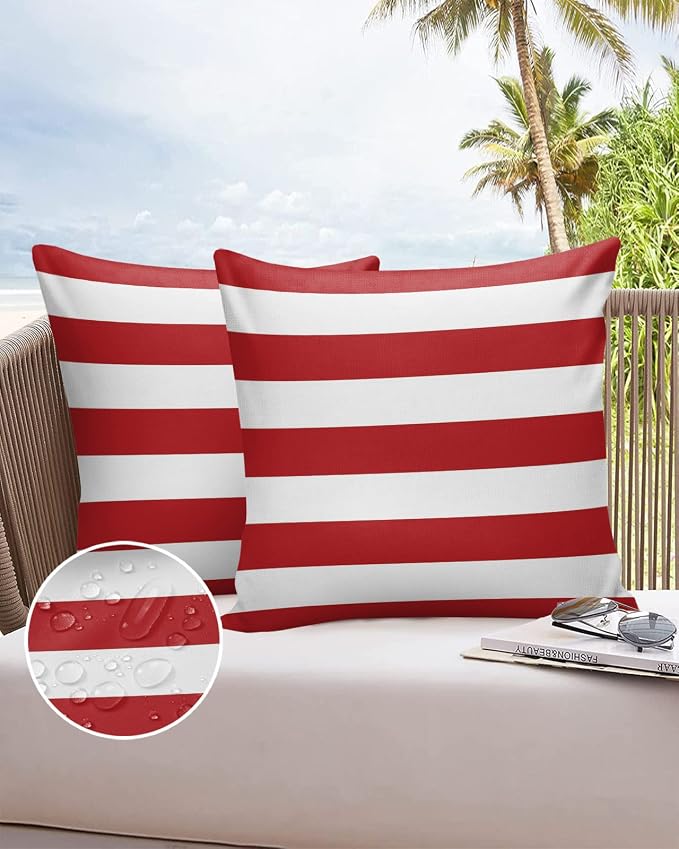 Outdoor Pillows Christmas Stripes Red Waterproof Outdoor Pillow Covers Geometric Red White Polyester Throw Pillow Covers Garden Cushion Decorative Case for Patio Couch Decoration Set of 2