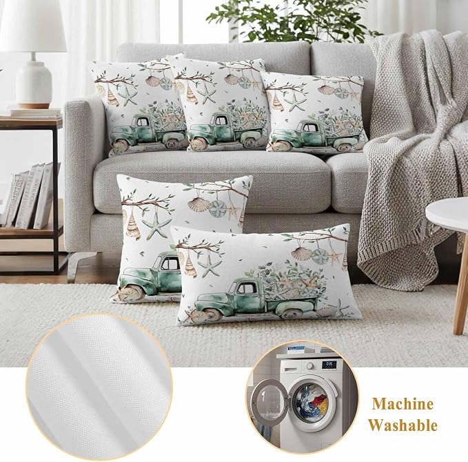Sage Green Truck Outdoor Waterproof Throw Pillow Covers Set of 2, 20"x20", Ocean Starfish Shell Summer Leaf Decorative Pillow Covers Outside Cushion Case for Patio Porch Garden