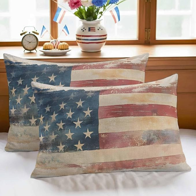 Independence Day Outdoor Pillow Covers 20"x12" Set of 2, Retro Country USA Flag Memorial Day Waterproof Throw Pillow Covers for Patio Furniture, Decorative Cushion Covers for Porch