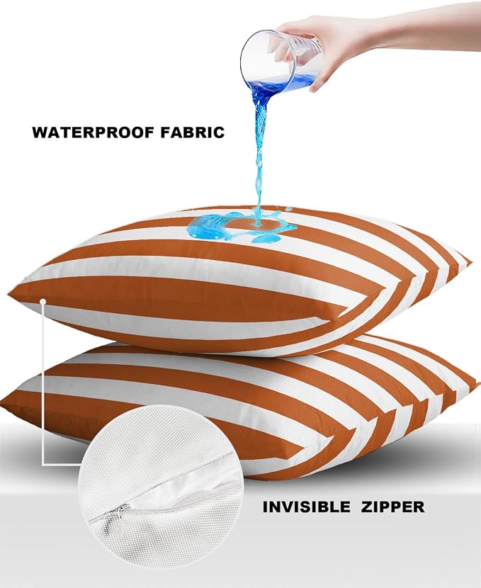 Outdoor Pillows 16x16 Waterproof Outdoor Pillow Covers Orange White Stripes Polyester Throw Pillow Covers Garden Cushion Decorative Case for Patio Couch Decoration Set of 2 Geometric