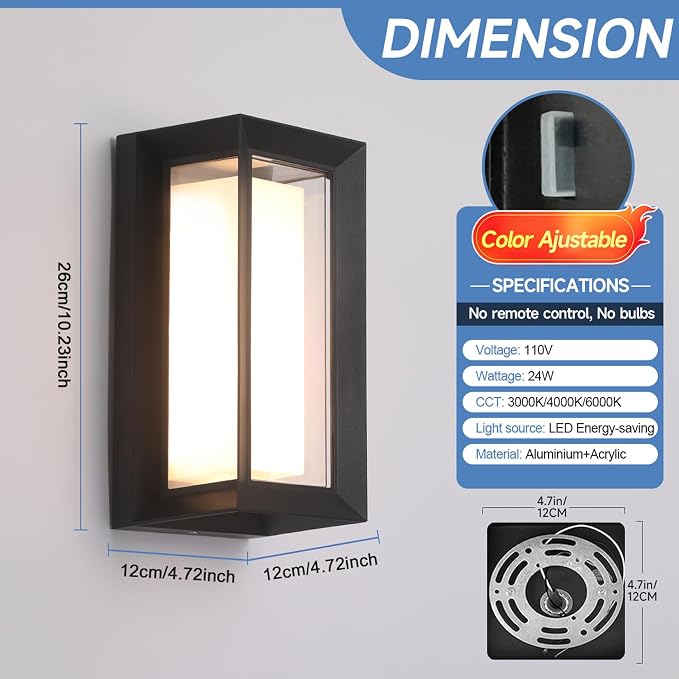 2 Pack Outdoor Wall Lights Exterior/Interior LED 24W Adjustable 3-Color 2100LM IP65 Sconces Lights Waterproof Modern Outdoor Porch Lighting Fixtures Aluminum Wall Lights Compatible with Dimmers