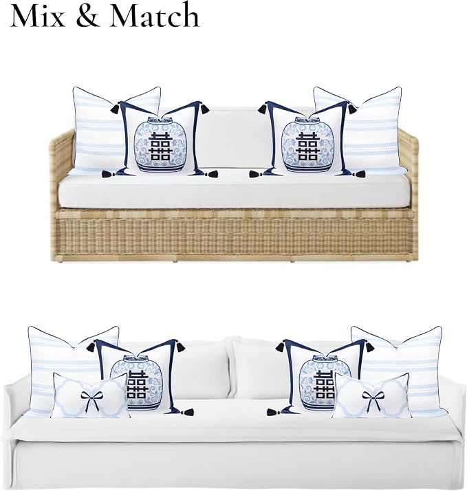 Hofdeco Premium Coastal Hampton Patio Indoor Outdoor Throw Pillow Cover Only, 20"x20" Water Repellent for Backyard, Couch, Poolside, Navy Blue Embroidered Happiness Chinoiserie Vase