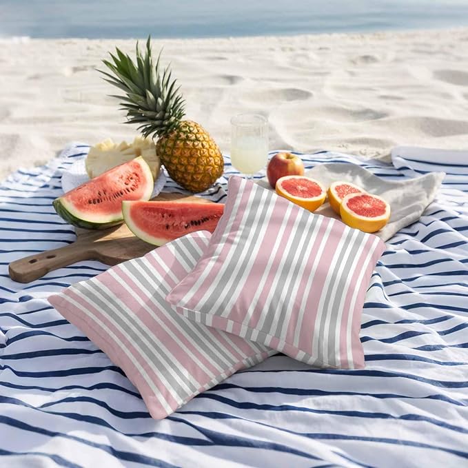 Pink Grey Stripe Outdoor Pillow Covers 26x26 Inch Throw Pillow Covers Set of 2 Waterproof Decorative Pillow Cases Farmhouse Minimalist Striped Cushion Covers for Patio Furniture Garden Couch Sofa
