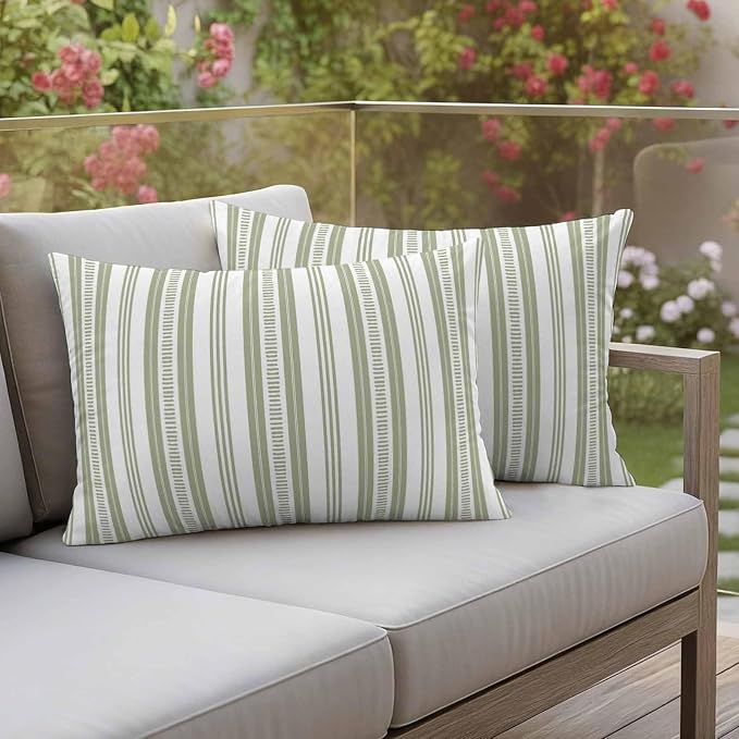 Sage Green Striped Outdoor Waterproof Pillow Covers, Farmhouse Stripes Modern Geometric Decorative Rectangle Throw Pillowcase Sofa Cushion Sham for Patio/Couch/Chair, 20"x12" 2 Pack