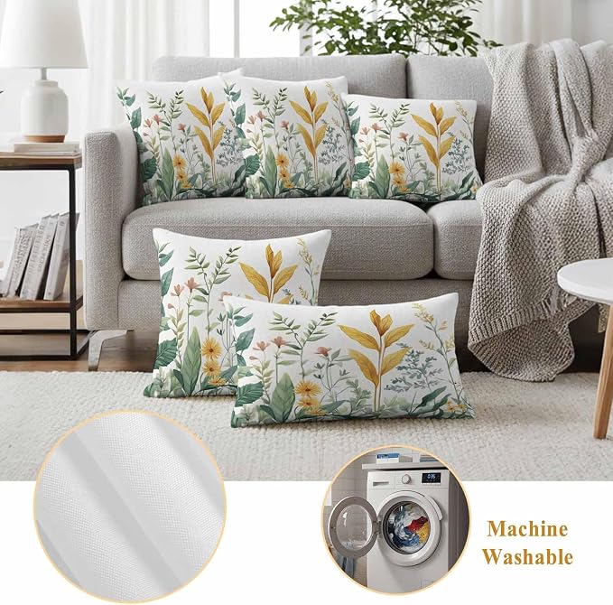 Outdoor Pillow Covers 20x20 Set of 2, Yellow Green Botanical Waterproof Patio Throw Pillow Covers for Couch Sofa Chair, Rustic Watercolor Leaves Decorative Pillowcases for Throw Pillows