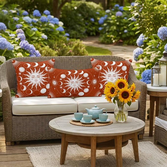 Celestial Sun and Moon Waterproof Outdoor Pillow Covers Set of 2 Home Decor, Burnt Orange Starry Galaxy Boho Lumbar Pillowcase Patio Pillow Covers for Couch Bench Patio Furniture Garden 20x12in