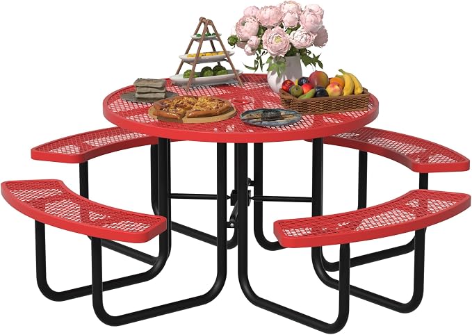 All-Weather Round Outdoor Picnic Table, Commercial Picnic Table Bench Set with Umbrella Hole, Thermoplastic Coated Metal Dining Tables for School, Stores, Park, Patio, Yard, Red