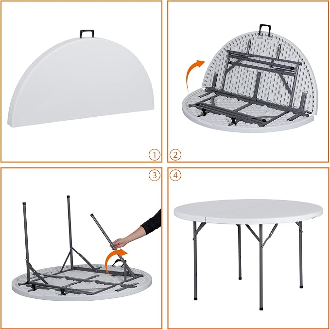 48" Round Folding Table Plastic Card Table Circle Dining Table Heavy Duty Portable w/Handle for Picnic Party Camping Dining Wedding Event Indoor Outdoor Lightweight White